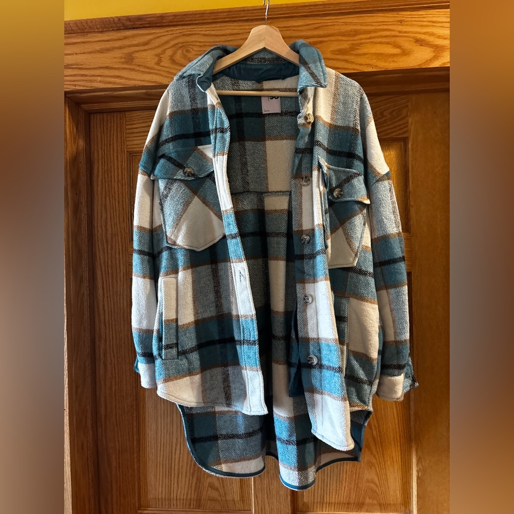 SO Teal and Cream Plaid Jacket